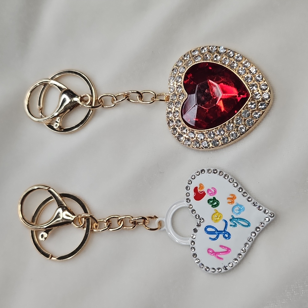 Set of 2 Keychains Bag Charms Red Crystal Heart White I Love You Heart Crystals